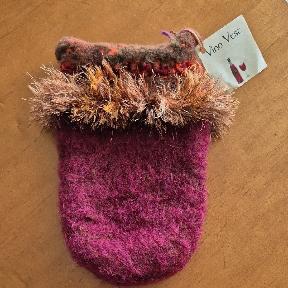 Handmade Burgandy and Brown Wool Wine Cozy